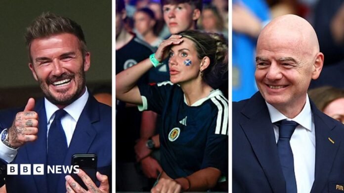 A composite image of Sir David Beckham, a Scotland fan, and Fifa President Gianni Infantino