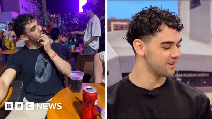 Left, a man with a drink on a night out. Right, a man in a black shirt speaks to camera.