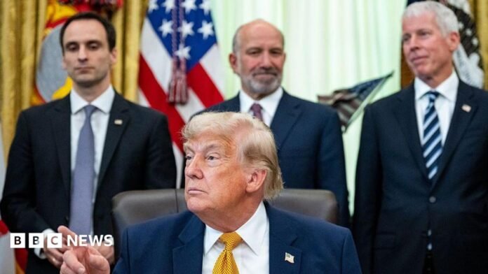 Michael Kratsios, director of the White House Office of Science and Technology Policy, from left, US President Donald Trump, Howard Lutnick, US commerce secretary, and Chris Wright, US energy secretary, during an executive order signing in the Oval Office of the White House in Washington, DC, US, on Monday, June 22, 2026. 