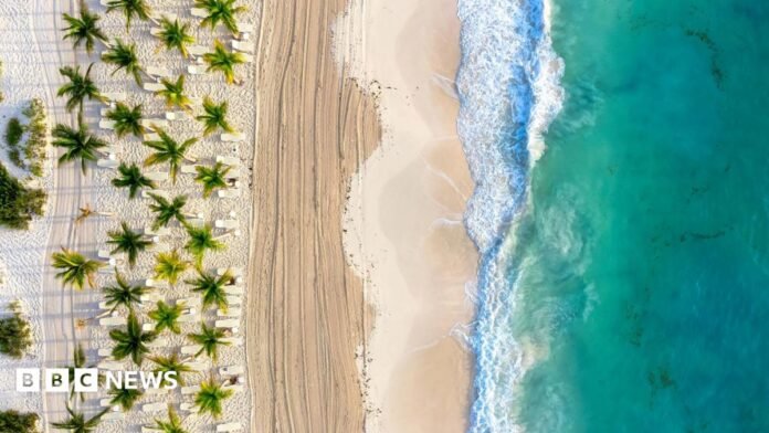 A beach in Cancun. The picture shows white sand, palm trees and an aqua sea with waves breaking on the shore