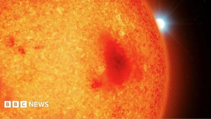 An illustration of what appears to be a large red fiery planet with a white star peeking out from behind it, in a black sky.