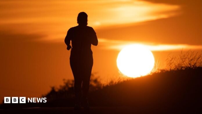 A woman jogs along a path as the sun rises in Frankfurt am Main, Germany, 09 July 2026. 