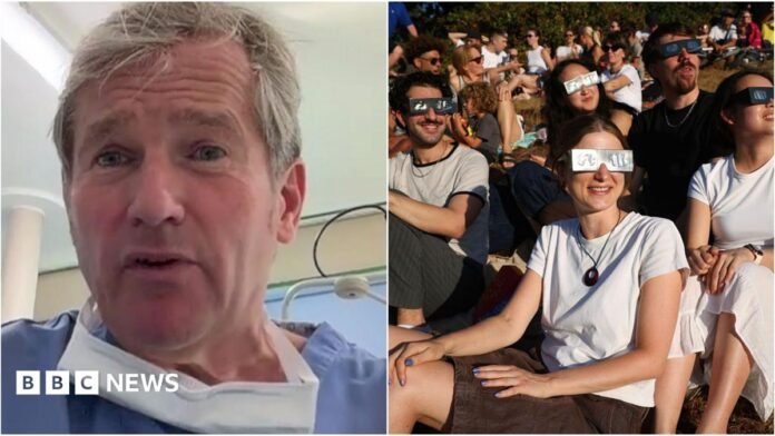 An eye surgeon wearing blue scrubs on one side and a group of people looking up at the sun wearing special glasses to view the solar eclipse on the other