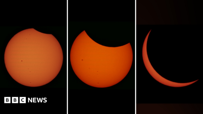 Three images of a solar eclipse showing a orange sphere on a black background. In the first image it has a small semi circle of black in the top right, in the second this black semi circle is covering about a fifth of the orange sphere, and in the last image the sphere has become a thin orange crescent surrounded by black