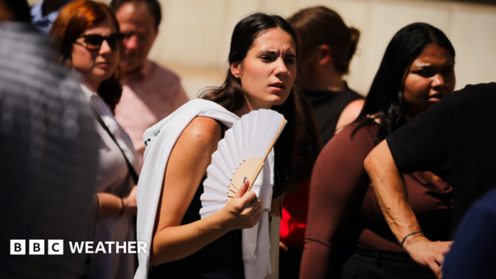 A young woman fans herself in the sunshine on a hot day