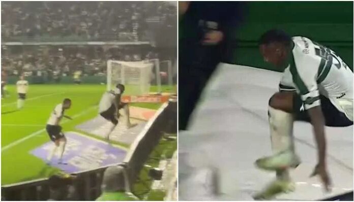 WATCH: Brazilian soccer player falls into tunnel while celebrating goal